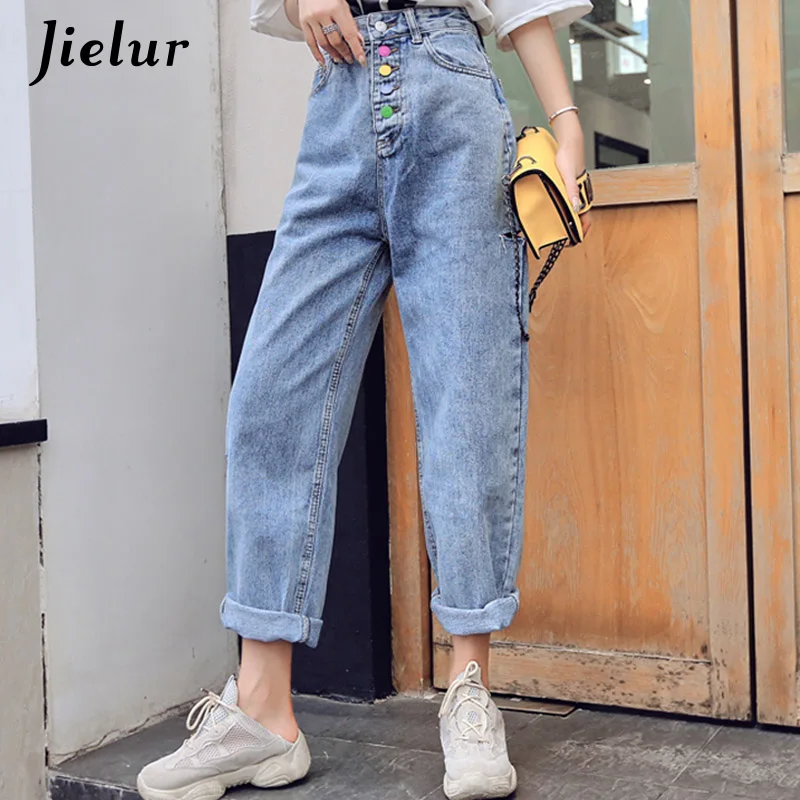 

Jielur Women Straight Hole Casual Harem Pants Jeans High Waist Light Blue BF Jeans Women Slim Women Jeans Cowboy pantalon Femme