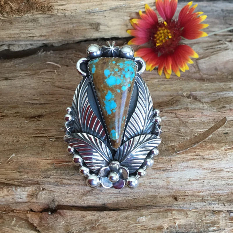 

Vintage bohemian style exaggerated ladies ring fashion exquisite design blue brown color stone flower jewelry Q5J434