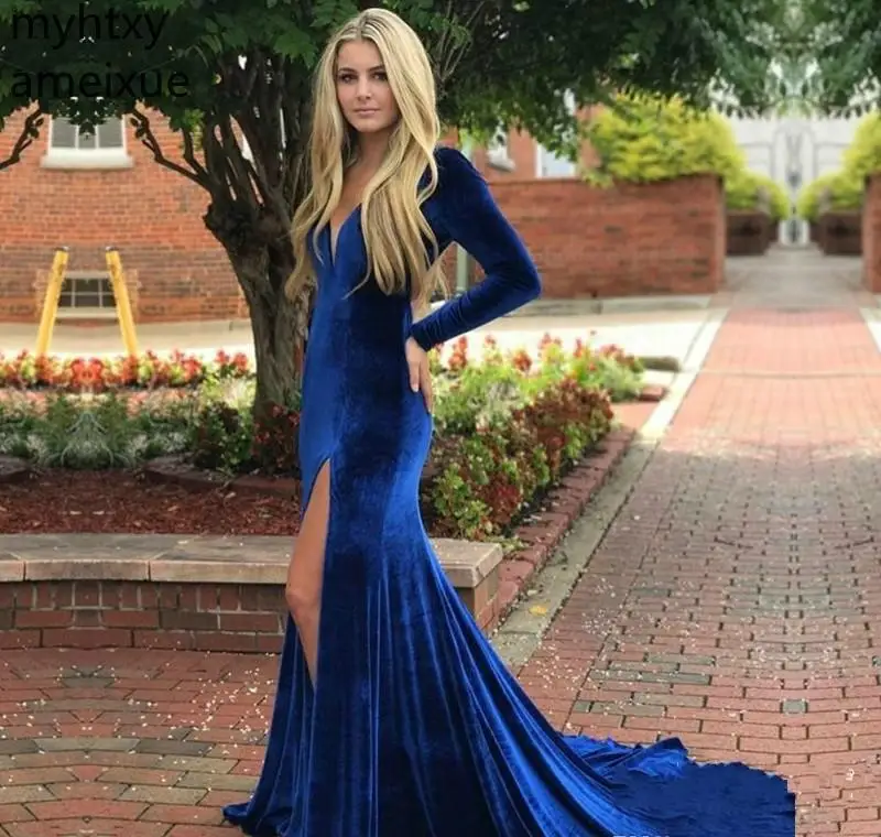 Русалка Королевский синий бархат пикантное платье для выпускного недорогое с v-образным вырезом и длинными рукавами вечернее платье плюс размер элегантное бальное платье