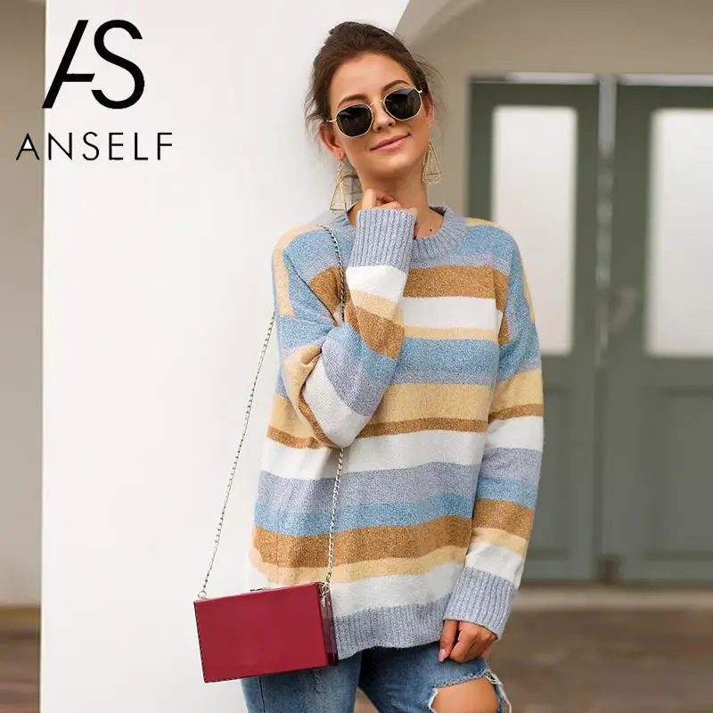 

ANSELF 2019 Fashion Women Pullovers Colorful Stripes Sweaters Rainbow O Neck Dropped Shoulders Long Sleeve Ribbed Streetwear