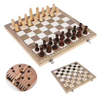 

3 in 1 Backgammon Folding Wooden Chess Board Set Puzzle Game Chess Checkers Toy Chessmen Board Gift On For Home Party 24*24cm