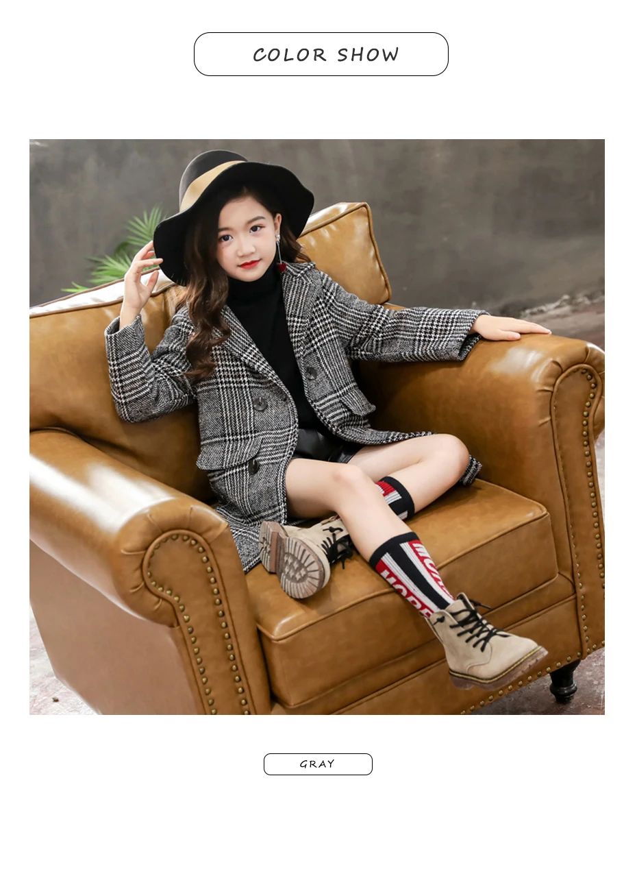 Girls Coat Fashion Plaid Wool Coat For Girls Double-breasted Kids Outerwear Autumn Thick Winter Clothes For Girls 6 8 10 12 14