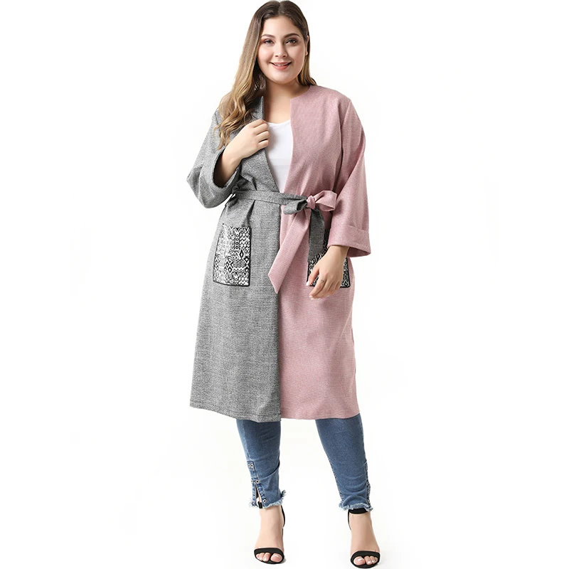 

TOLEEN Fashion Women Plus Size Elegant Casual 9 Point Sleeve Gray Pink Stitching Asymmetric Sashes Coat Dress