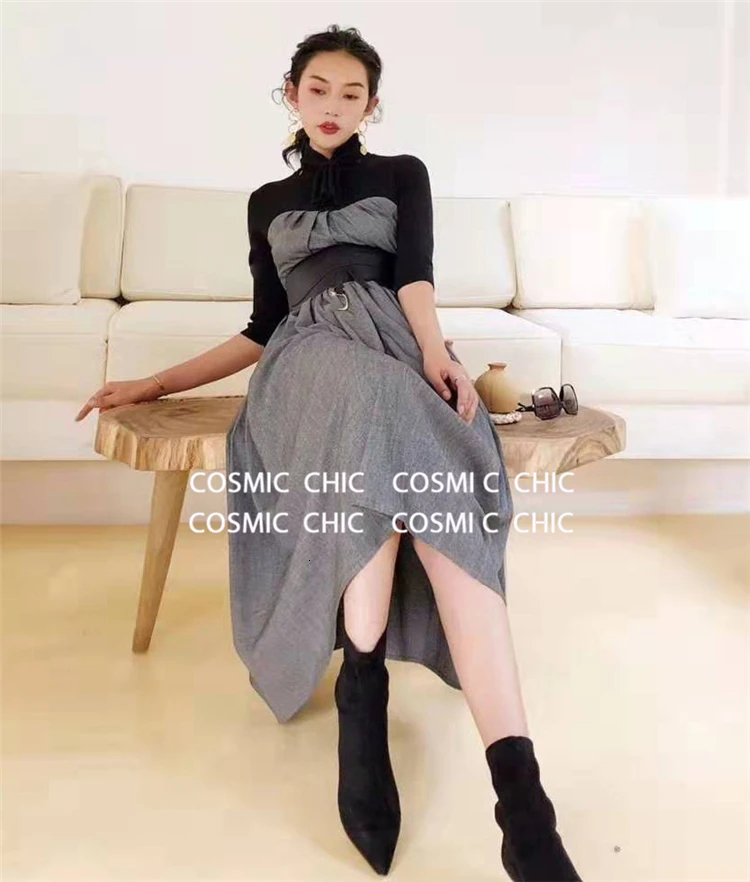 Cosmicchic Women Fake Two Pieces Long Dress Bow Scarf Collar High Waist Vintage Maxi Party Dresses Autumn Winter Warm Dress