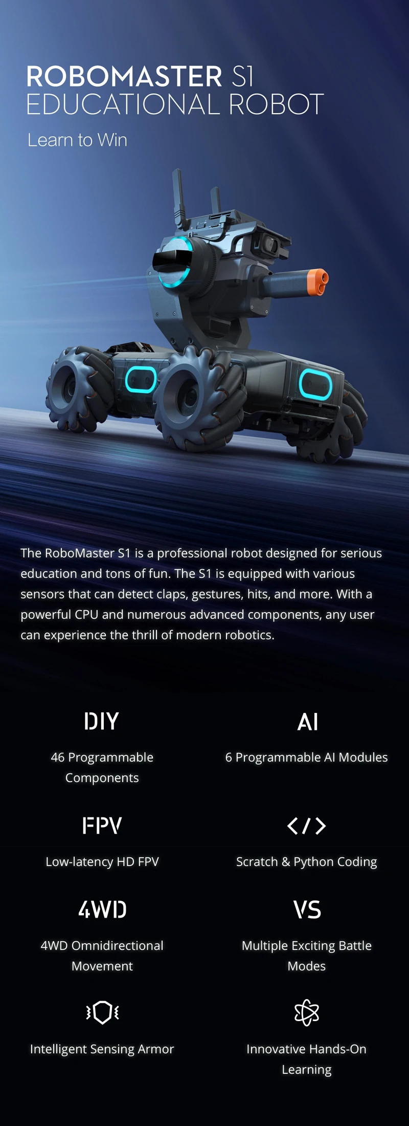 DJI RoboMaster S1 AI Интеллектуальный Обучающий робот с функцией программирования игрушечный танк DJI умный автомобиль с дистанционным управлением
