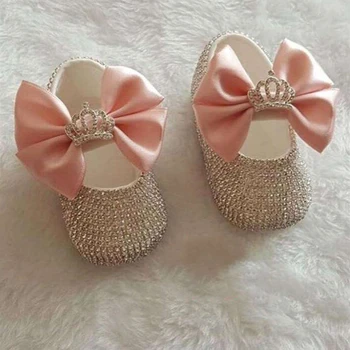 

Bling Newborn Bridal wedding flower dazzling gorgeous Rhinestones accept picture handmade custom Fancy Pearls baby shoes