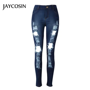 

JAYCOSIN Women Jeans Skinny Jean Stretch Pencil Trousers Slim Long Pants Ripped Holes Denim Blue Femme For Women Fashion 2020 J