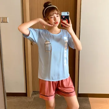 

Ice Silk Pajamas Femalethin Section Short-sleeved Cute Loose Simulation Silk Can Be Worn Outside Home Service Student Suit