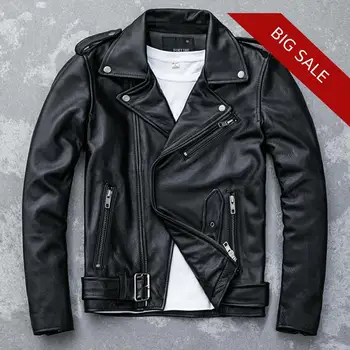 

2020 Black Men Slim Fit Biker's Leather Jacket Large Size XXXL Genuine Cowhide Russian Autumn Short Motorcycle Leather Coat
