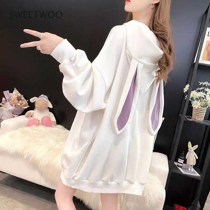 2021 Autumn Sweet Women Hoodies Fashion Cute Rabbit Ears Hooded Pullovers Lantern Sleeve Loose Baggy Female Tops