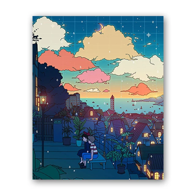 Canvas Wall Art Cartoon View Street Prints Poster Home Decoration Night Tree Manga Cute Painting For Bedroom Modular Pictures J-Night-Tree-4
