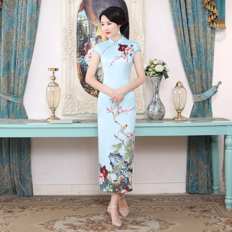 Синий цветок Cheongsam современный Femme элегантный тонкий длинный Qi Pao для женщин Китайская традиционная одежда платье Qipao аналогичный шелковый халат - Цвет: and Bird Blue C0176