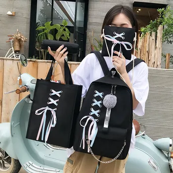 

2020 Fashion Cute Streamer Bow Four-piece Student School Bag Canvas Backpack Women's New Large-capacity Messenger Backpack