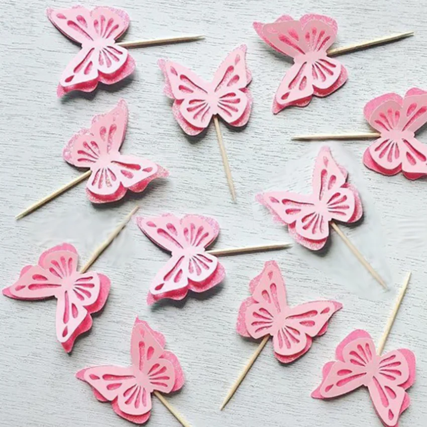 50PCS New Creative Three-dimensional Flash Pink Butterfly Dessert Decoration for Cake Insertion at Birthday Wedding Party