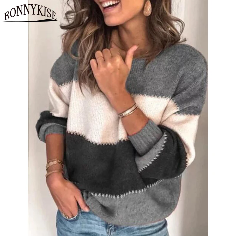Tanie RONNYKISE kolor patchworku swetry z dzianiny topy moda zimowa z długim rękawem O neck Casual luźne swetry dla kobiet