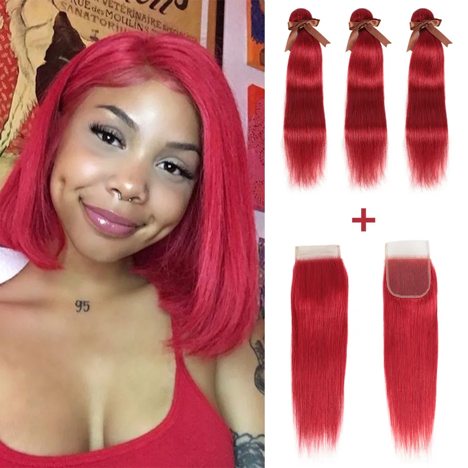 Remy Forte прямые пучки волос с закрытием красные бразильские плетение 3/4 remy Rouge|3/4