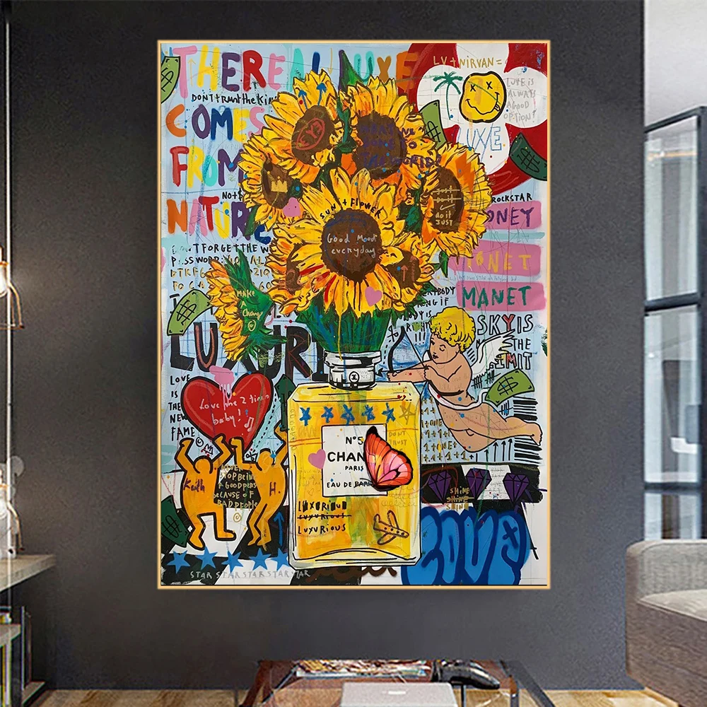 Canvas Painting Perfume Bottle And Sunflower Street Graffiti Art Poster Print Wall Picture For Living Room Home Decor