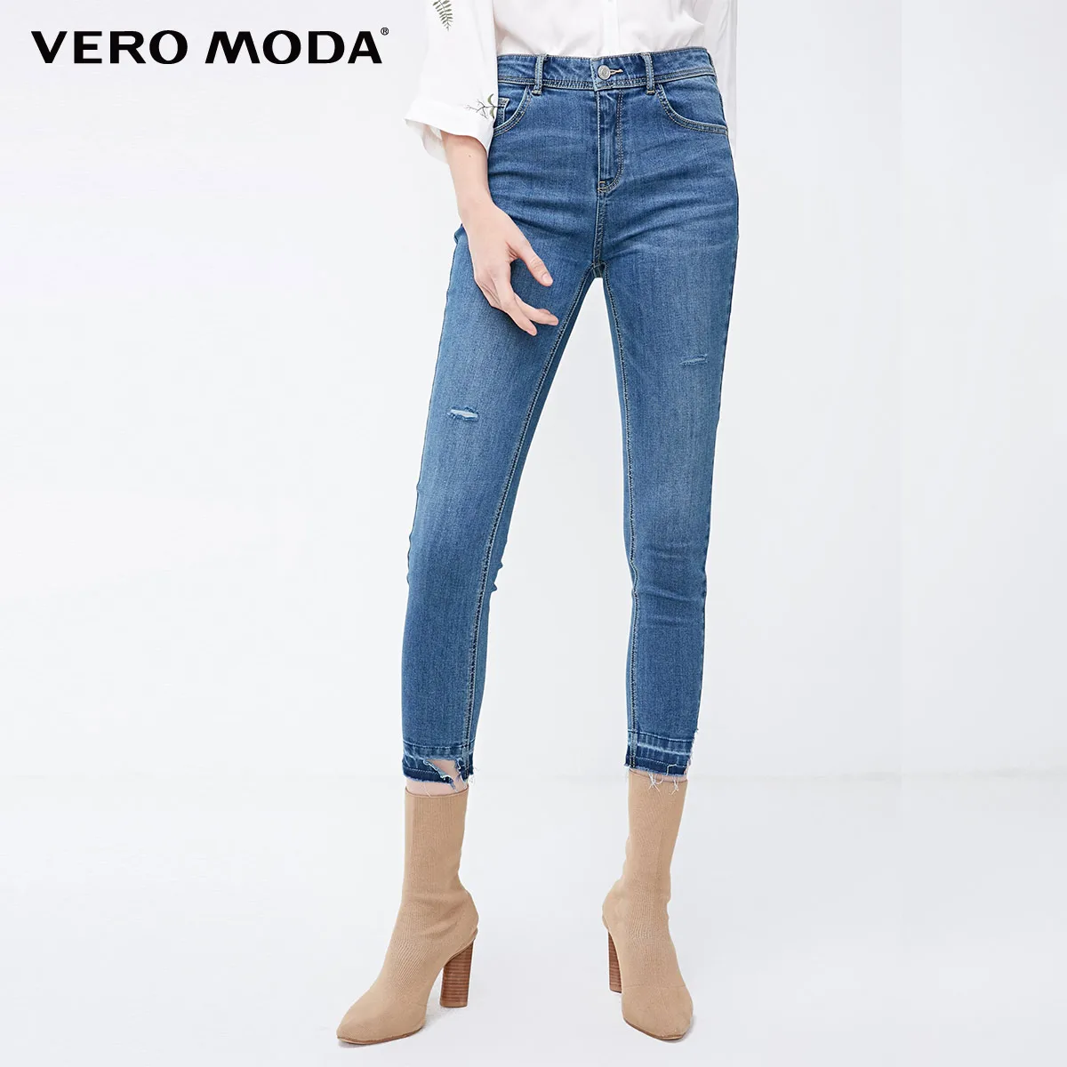 Vero Moda Новые поступления потертые необработанные манжеты облегающие укороченные джинсы | 318449521 - Цвет: Mid blue denim