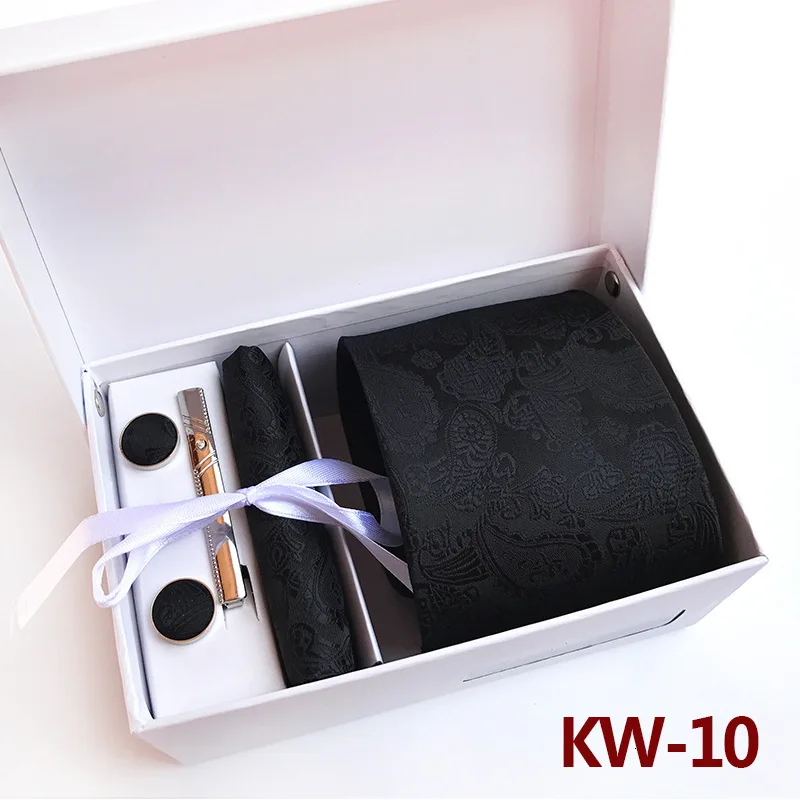 KW 10 Мужской галстук 14 цветов, Подарочная коробка, 6 шт. в наборе, Галстук Пейсли, платок, запонки, зажим, бизнес стиль, мужские галстуки для мужчин, cravate homme - Цвет: KW 10