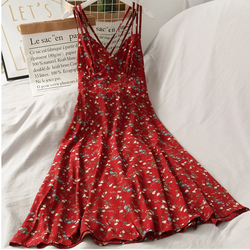 OCEANLOVE Summer Chiffon Vestidos Floral Backless Sexy Women Dresses V Neck High Waist Korean Sweet Dress Retro Elegant  16340