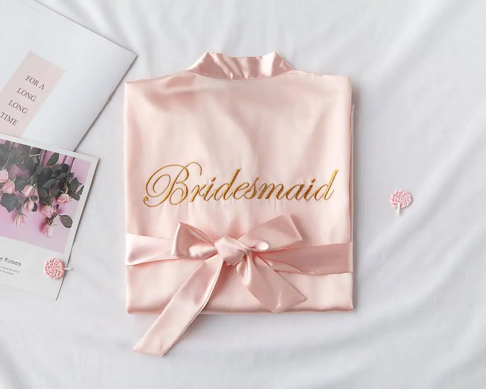 Вышитый буквенный Свадебный халат для невесты, подружки невесты, сексуальное атласное свободное кимоно, халат, одежда для сна, полурукав, интимное белье - Цвет: Pink Bridesmaid