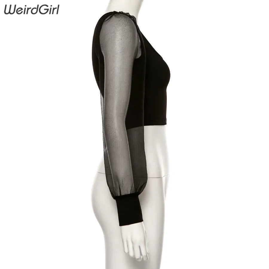 Weirdgirl, женские модные футболки с длинным рукавом, прозрачные, квадратный вырез, уличная одежда, одноцветные Короткие топы, Женский Топ, тонкий, осенний, новинка