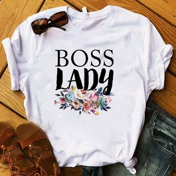

Boss Lady Flower Print T Shirt Women Short Sleeve O Neck Loose Tshirt 2020 Summer Women Tee Shirt Tops Camisetas Mujer