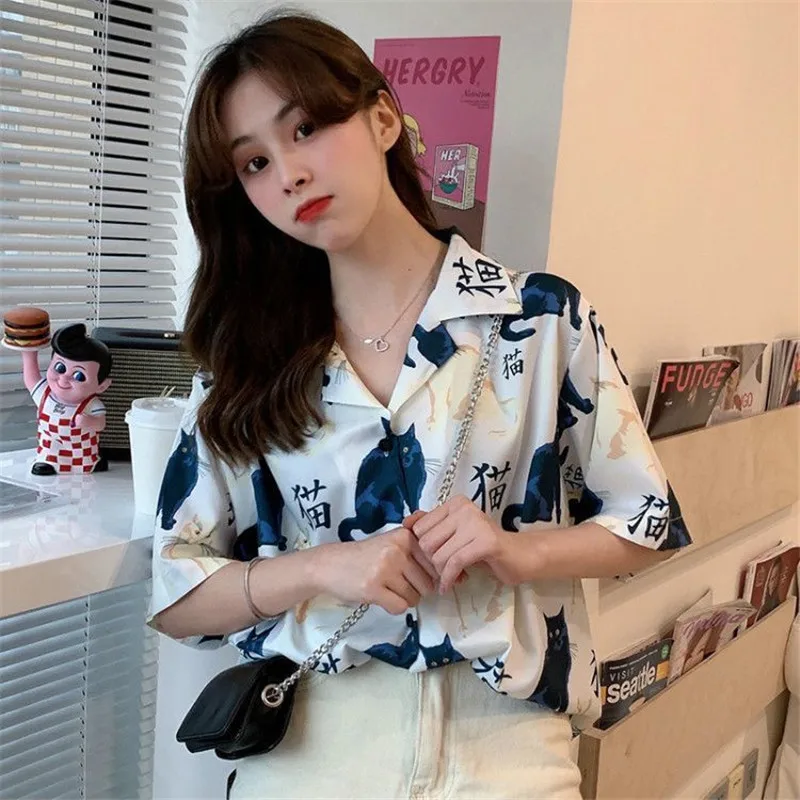 Summer Hong Kong Style Cat Print Short-Sleeved Shirt Fashion Women Blouse Shirt Female Tops Blusas Mujer