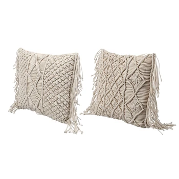 

2Pcs Cotton Linen Macrame Hand-Woven Cotton Thread Pillow Covers Geometry Bohemia Cushion Covers -D & A