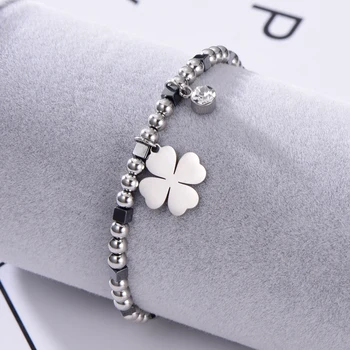 

Stainless Steel Clover Charm Bracelets For Women Silvery Minimalism Round Beads Chain With Rhinestone Fashion Jewelry Wholesale