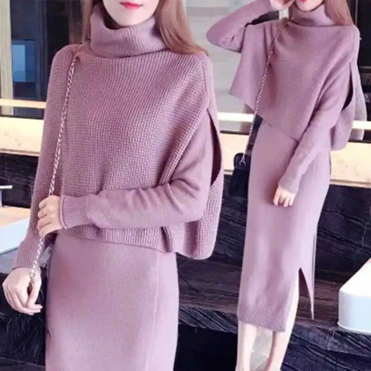 

Womens Two Piece Sets Elegant Long Sleeve Knitted Dresses Ladies Sweater Dress 2pcs Suit Winter Woman Sweater Knitting Pullovers