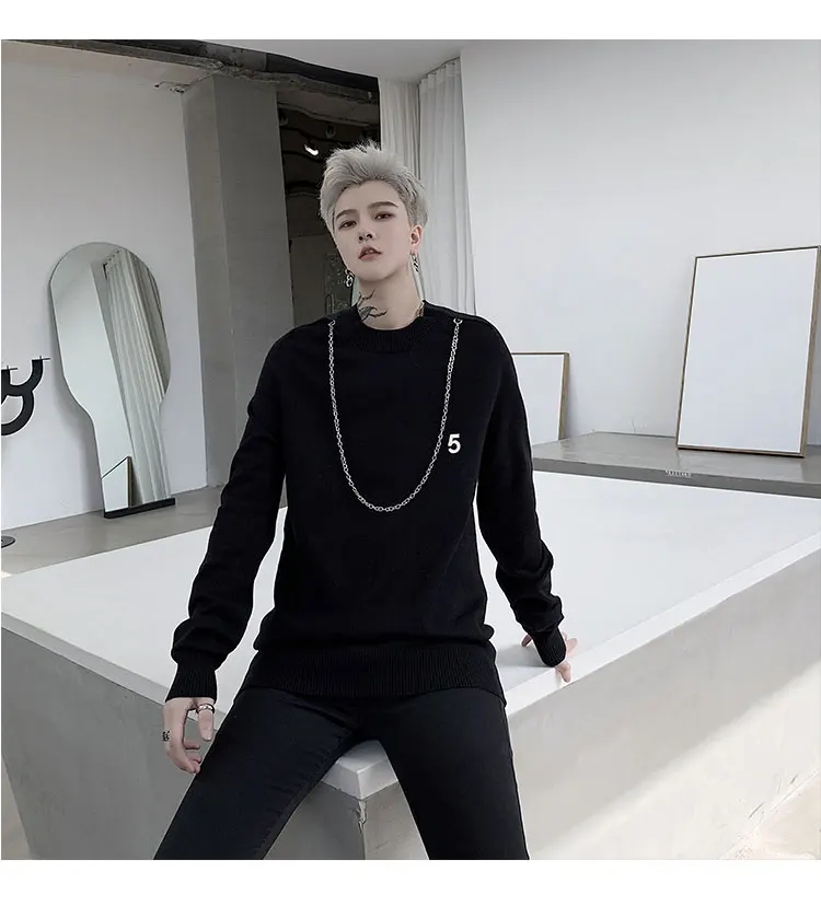 Для мужчин Slim Fit с вышивкой и o-образной горловиной(железная цепь вязаный пуловер, свитер для мужчин Для женщин уличная одежда в стиле «хип-хоп», подошва пара свитер Harajuku