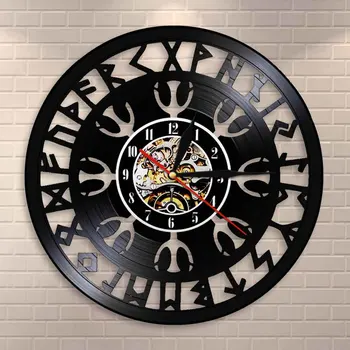 

Mysterious Norse Magick Viking Compass Wall Clock Norse Talisman Aegishjalmr Helm of Awe Protection Symbol Vinyl Record Clock