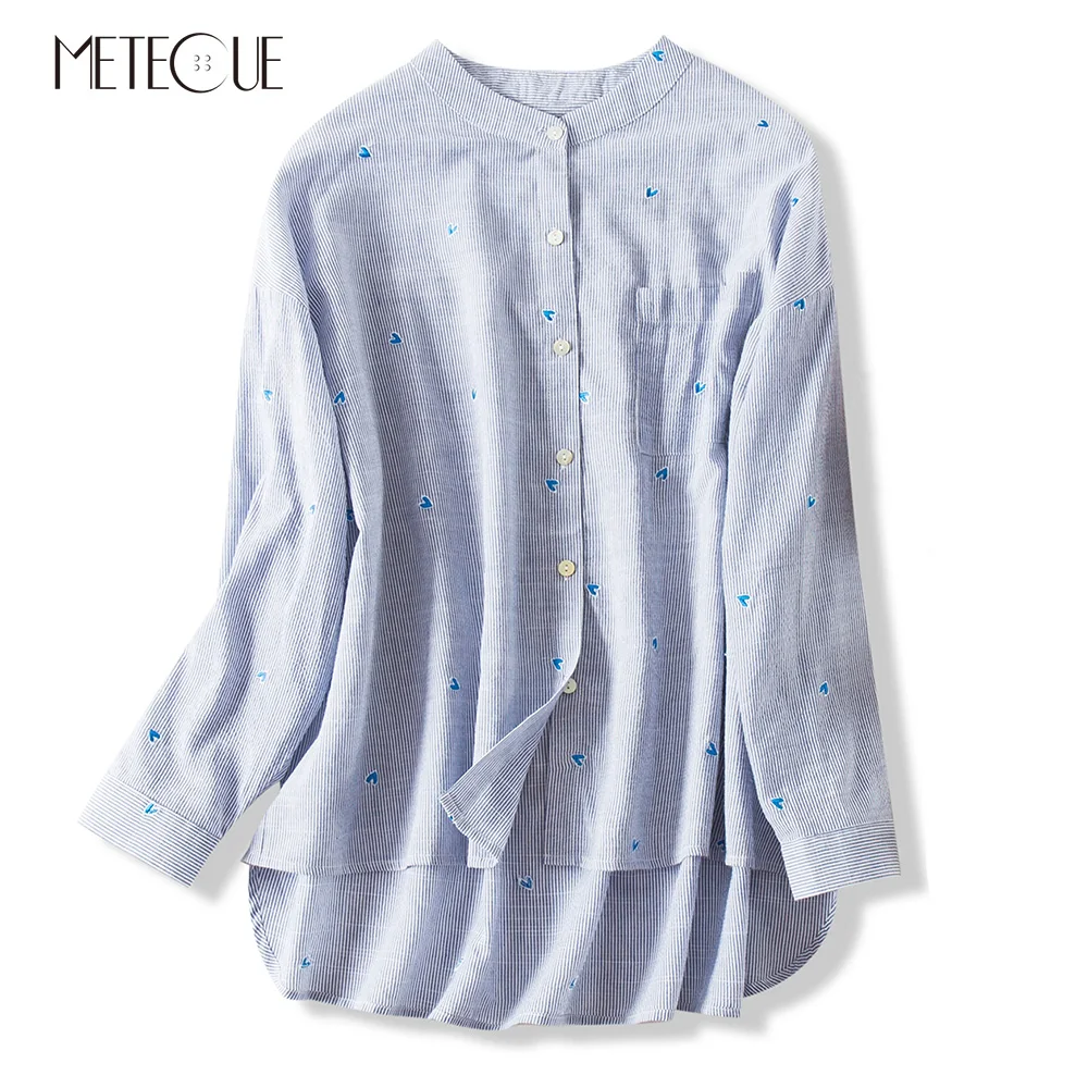 

Loving Heart Embroidery Striped Dropped Shoulder Women Blouses Casual Loose O Neck Long Sleeve Woman Blouse Summer Pre-Fall 2019