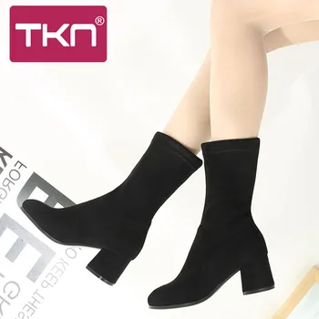 

2019 Spring Women Mid-calf Boots Faux Suede Plush Warm Square Heel Boots Chaussure Femme Platform Pump Shoes High Boots A8509