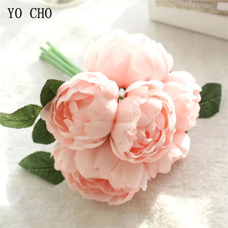 light pink Йо Чо Свадебный букет невесты искусственный шелк 6 головок Пион цветок DIY домашние Вечерние Декорации для свадьбы - Цвет: light pink