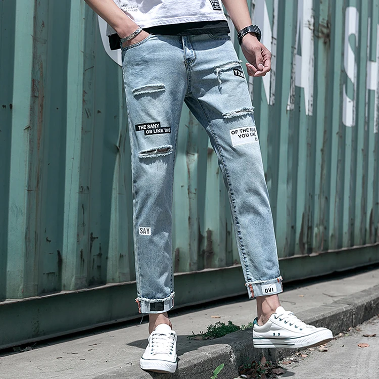 Nice Pop Vogues Spring And Summer Fashion Korean Couple Nine Points Broken Hole Slim Casual Jeans Hip Hop Streetwear Recommend