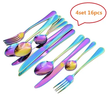 

16pcs Rainbow Tableware Colorful Kitchen Cutlery Stainless Steel Dinner Set Dinner Knife Table Fork Teaspoon Clearance Flatware