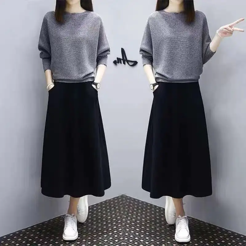 

Spring Clothing 2019 New Style Knitted Sweater Skirt Western Style Set Casual Loose And Plus-sized Two-Piece Sweater Dress Sprin