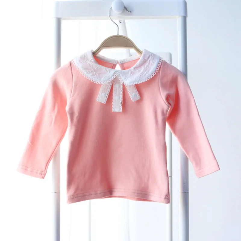 Новая Осенняя блузка для маленьких девочек хлопковая Детская рубашка с длинными рукавами кружевная рубашка с воротником-бабочкой для девочек модные весенние топы для девочек