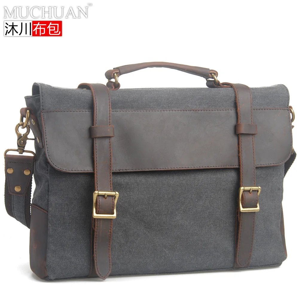 

Muchuan Canvas Bag with First Layer Crazy Horse Cowhide Casual Bag Europe And America Retro Shoulder Bag/ Hand Bag Briefcase