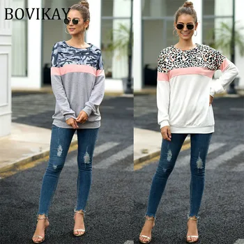 

BOVIKAY 2020 Spring Womens Hoodies Camouflage Leopard Patchwork Pullover Lady Round Neck Long Sleeve Harajuku Sweatshirt