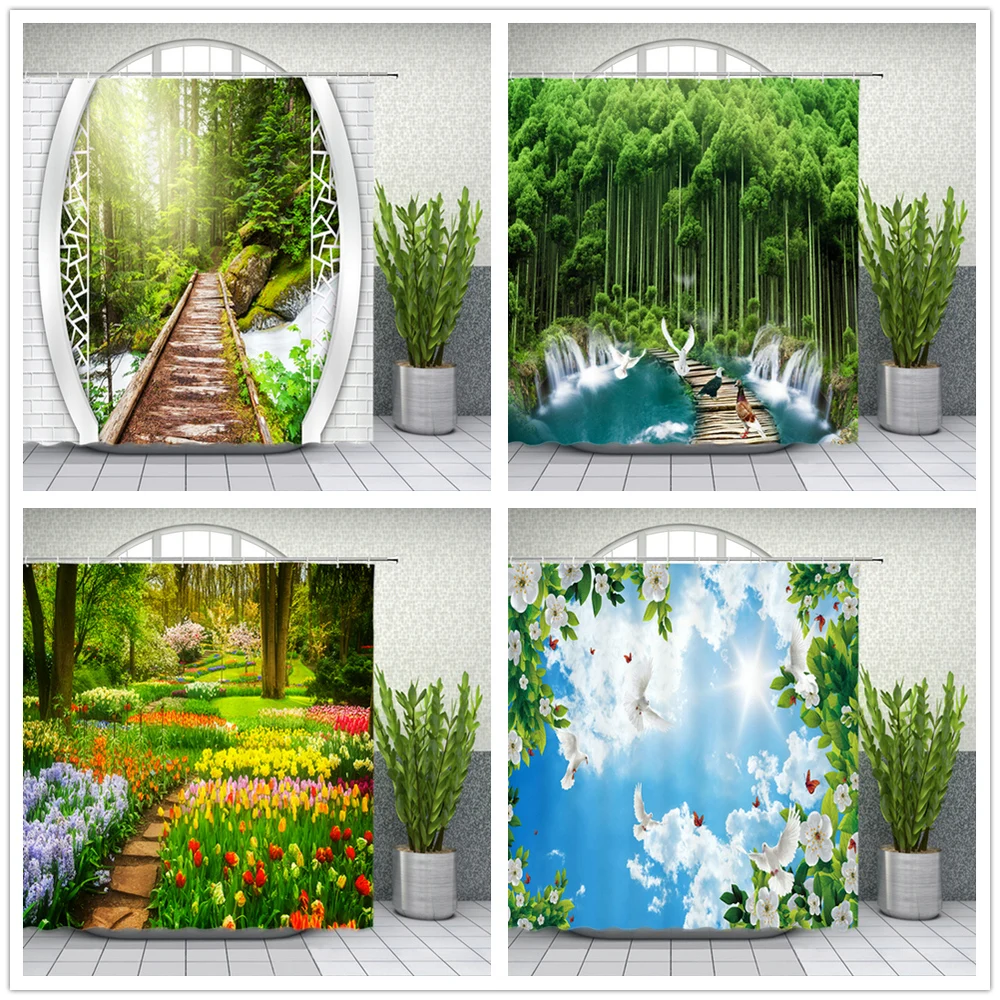 

Modern 3D Printing Forest Shower Curtains Green Plant Tree White dove Landscape Bath Curtain With Hooks Bathroom Waterproof