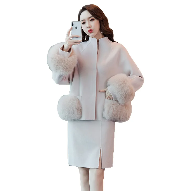 

Graceful WOMEN'S Suit 2019 Autumn And Winter New Style Fashion Woolen Jacket High Waist Skirt Elegant Two-Piece Set