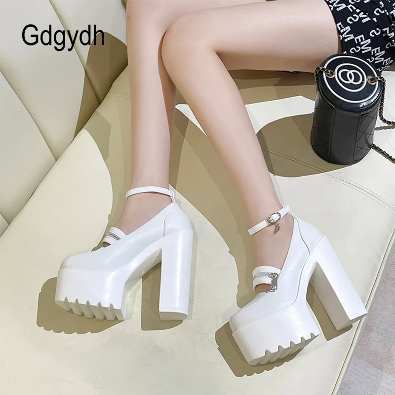 Gdgydh White Sexy Pumps Waterproof Women Fetish Platform Shoes Buckle Strap Thick High Heels Party Wedding Shoes Mary Jane 2022