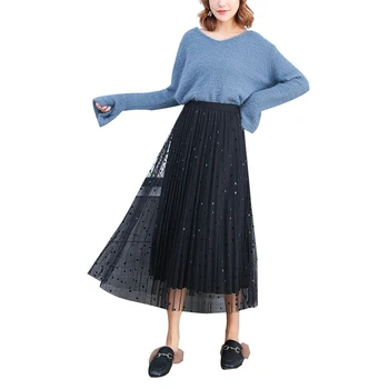 

Spring Summer Autumn Skirt Womens Korea Style Long Tutu Skirts 2019 Reversible Mesh A Line Pleated Maxi Skirt Kawaii Female Chic