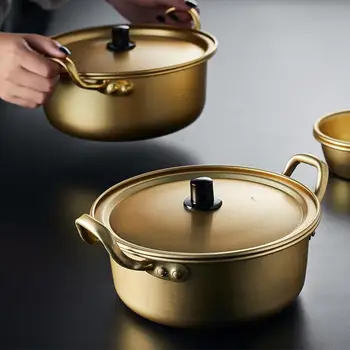 

Korean Ramen Noodles Pot Yellow Aluminum Soup Pot with Oxidized Coating Fast Heating Cooling Non-stick for Kitchen Kitchenware