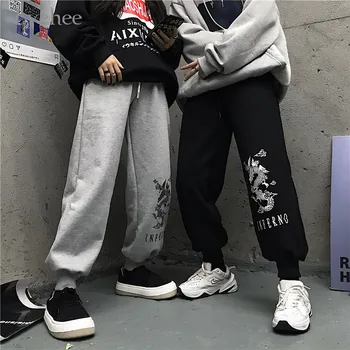 

Lychee Harajuku Dragon Letter Print Women Fleece Jogger Pants Elastic Waist Loose Female Trousers Casual Warm Winter Lady Bottom