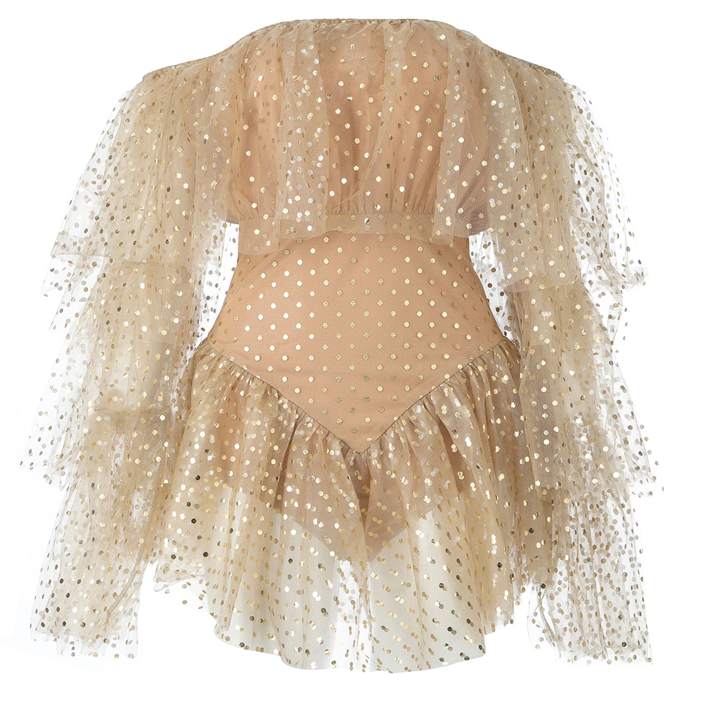 Khaki Sexy Mini Summer Dress Mesh Long Butterfly Sleeve Cascading Ruffle Fashion Slash Neck Club Womens Dress 2020 Top Quality