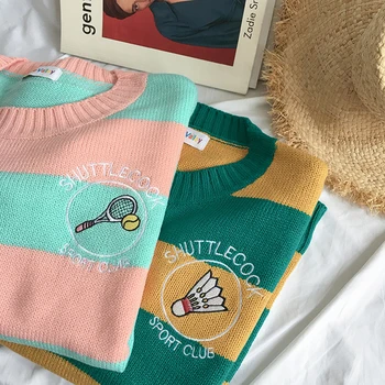 

Cartoon Racket Embroidery Sweater Women's 2019 New Harajuku Striped Pullover Sweater Korean Casual Loose Badminton Sweater